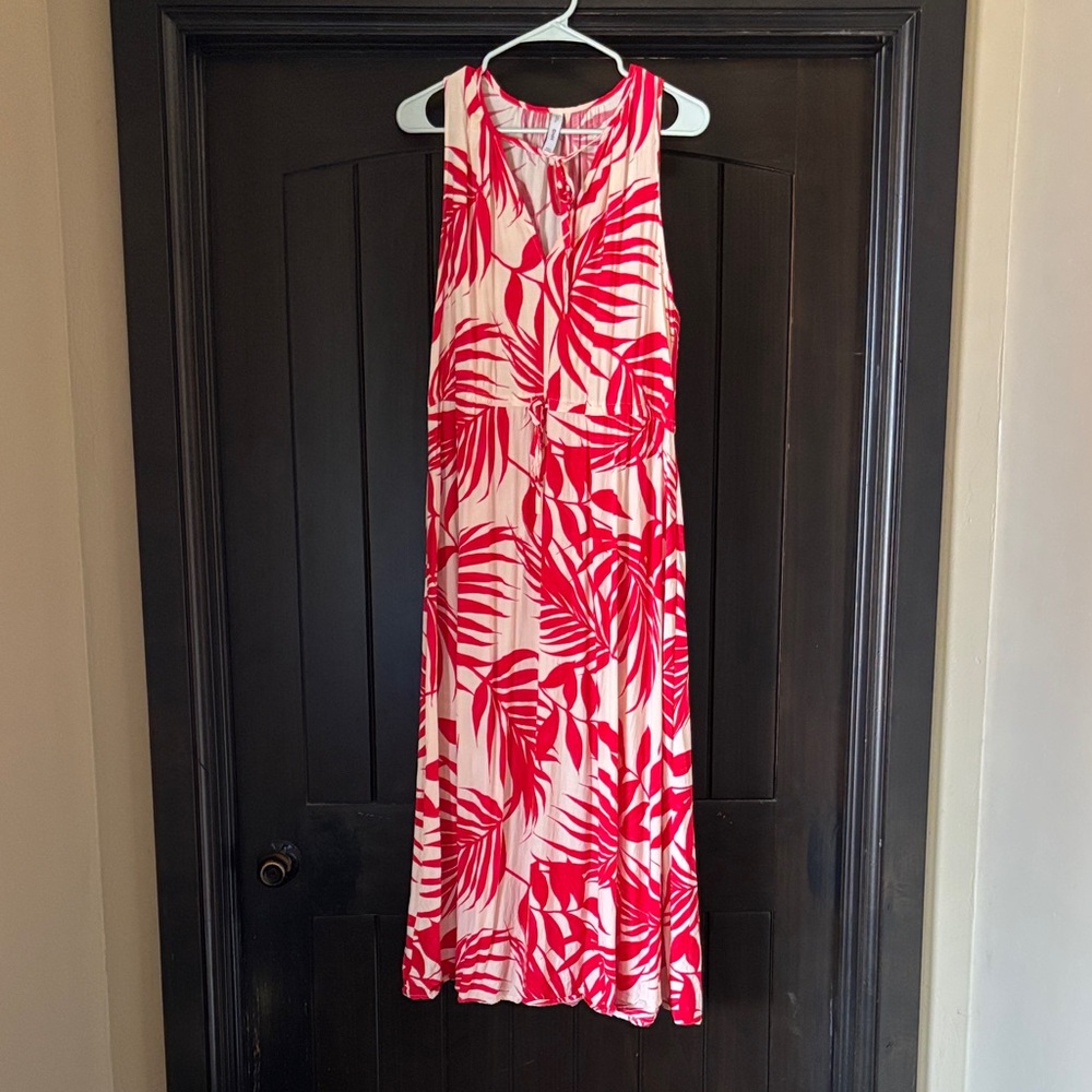 Mango Cream Maxi Dress with Bright Pink Leaf Print